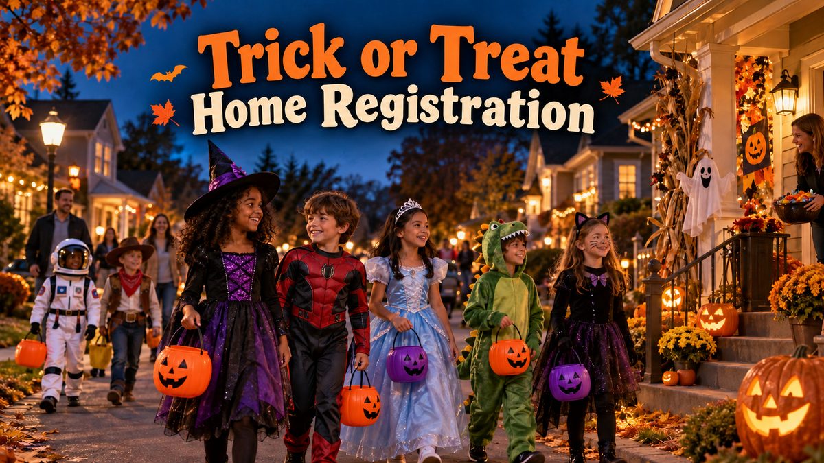 Trick-or-Treat Map 2026 in Riverpark West: costumed children walking a decorated neighborhood street at dusk with candy buckets